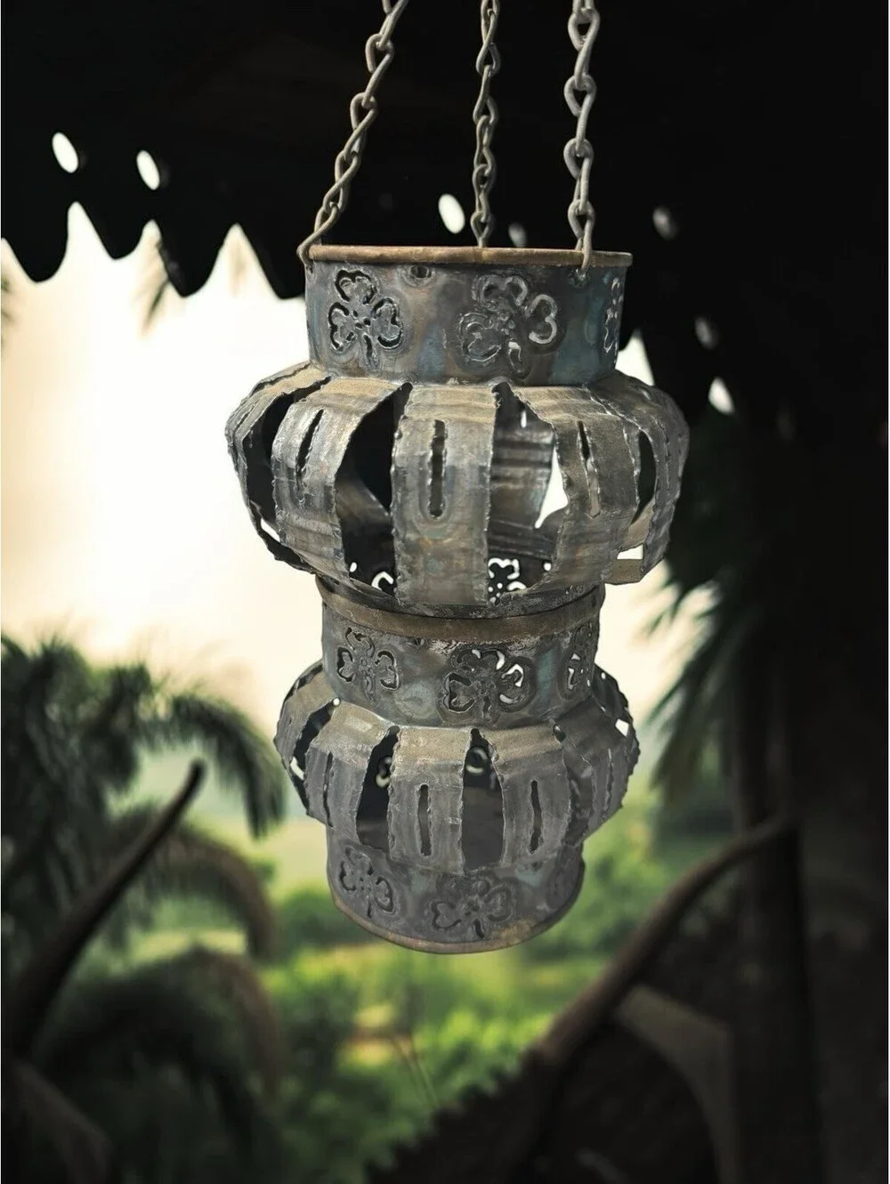 Antique Punched Tin Candle With Shamrocks Hanging Lantern Light Primitive 8”x5